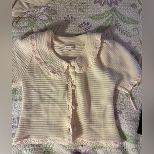 Women’s Cream Knit Cardigan with Pink Trim. For love & lemons